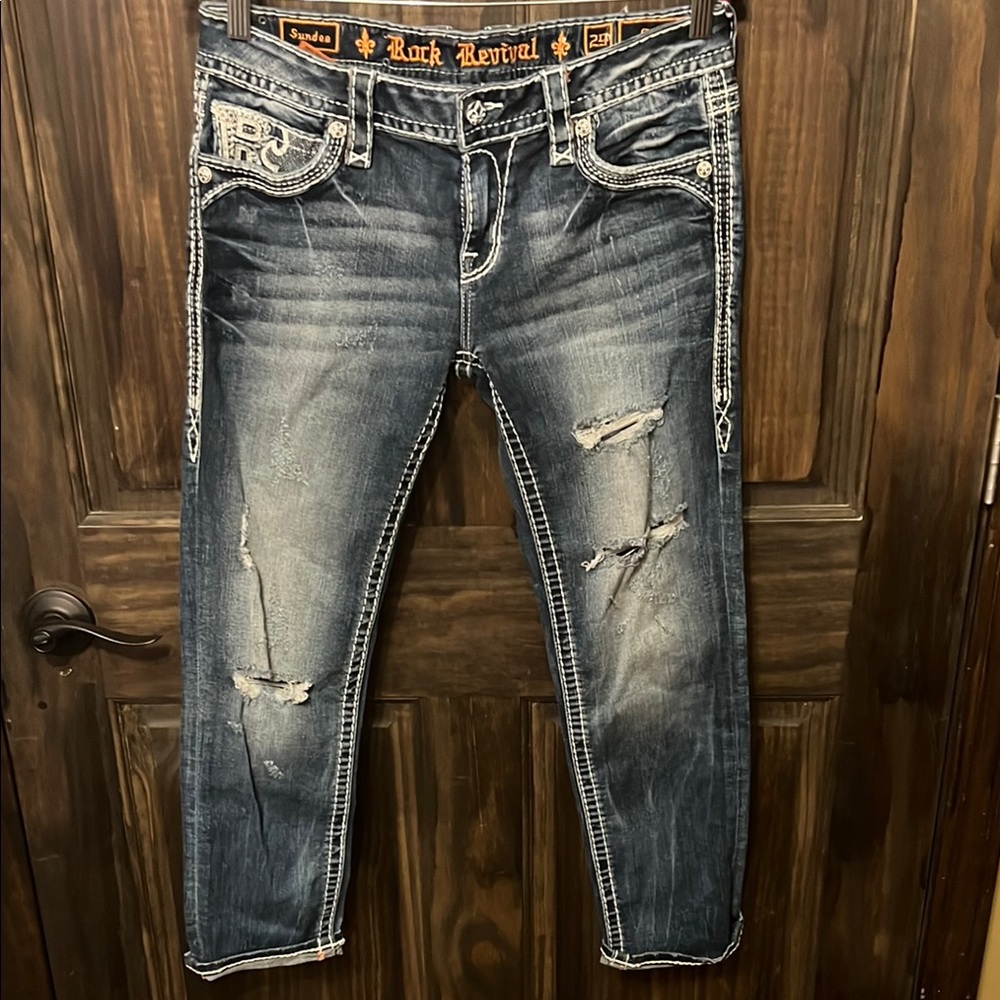 Rock Revival Blue Distressed Ankle Cropped Jeans
